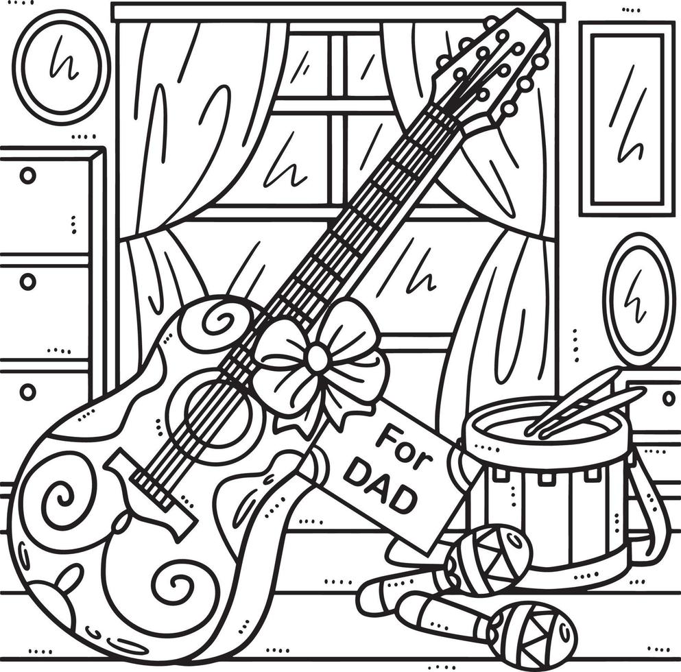 Fathers Day Gift Guitar Coloring Page for Kids vector