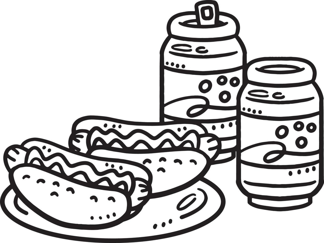 Hotdog with a Soda Can Isolated Coloring Page vector