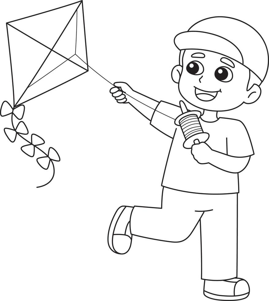 Spring Boy Flying a Kite Isolated Coloring Page vector