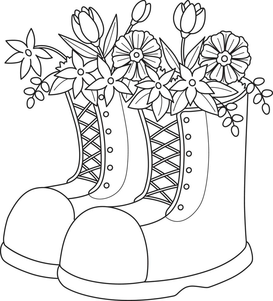 Spring Boots with Flowers Isolated Coloring Page vector