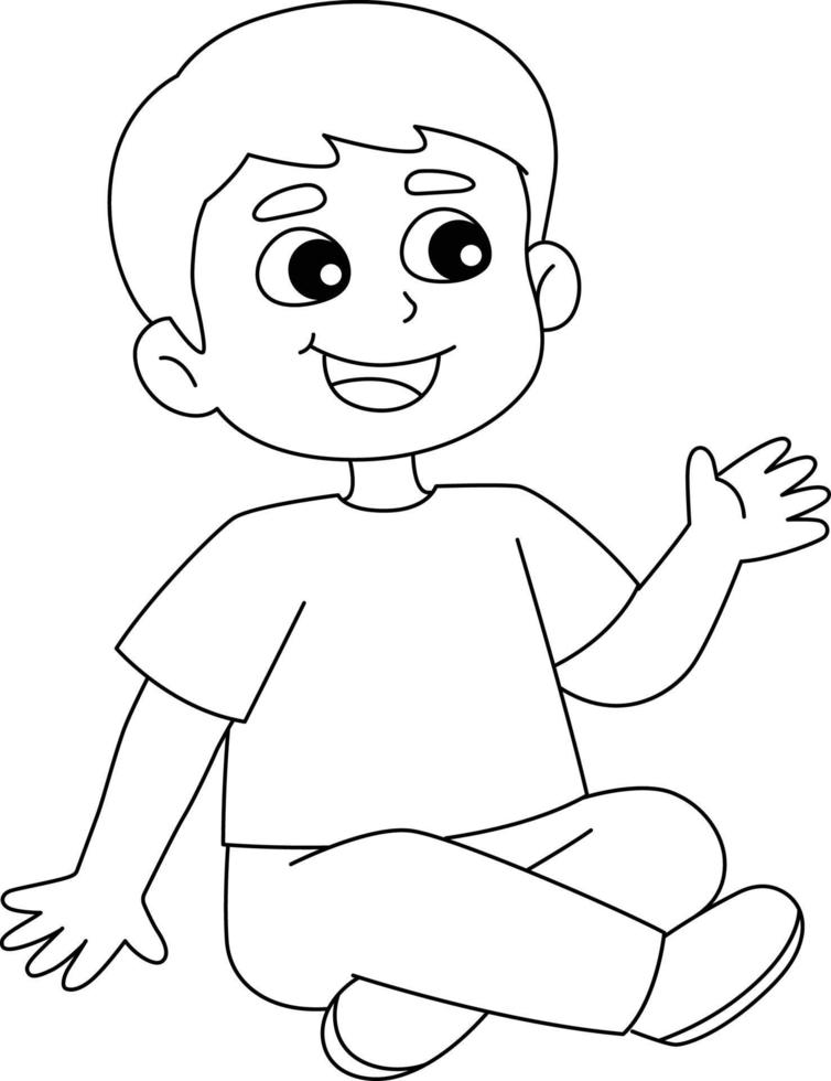 Spring Boy Sitting Isolated Coloring Page for Kids vector