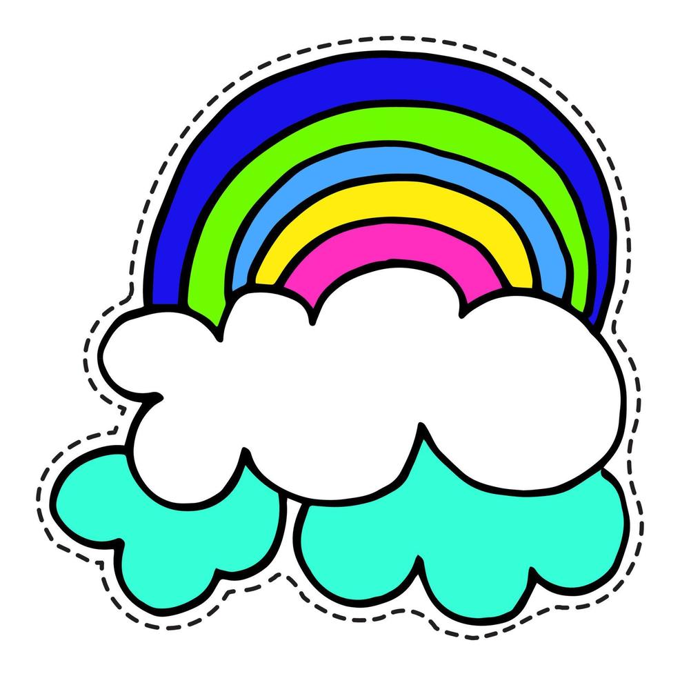 Rainbow and clouds, sky scape sticker or icon vector