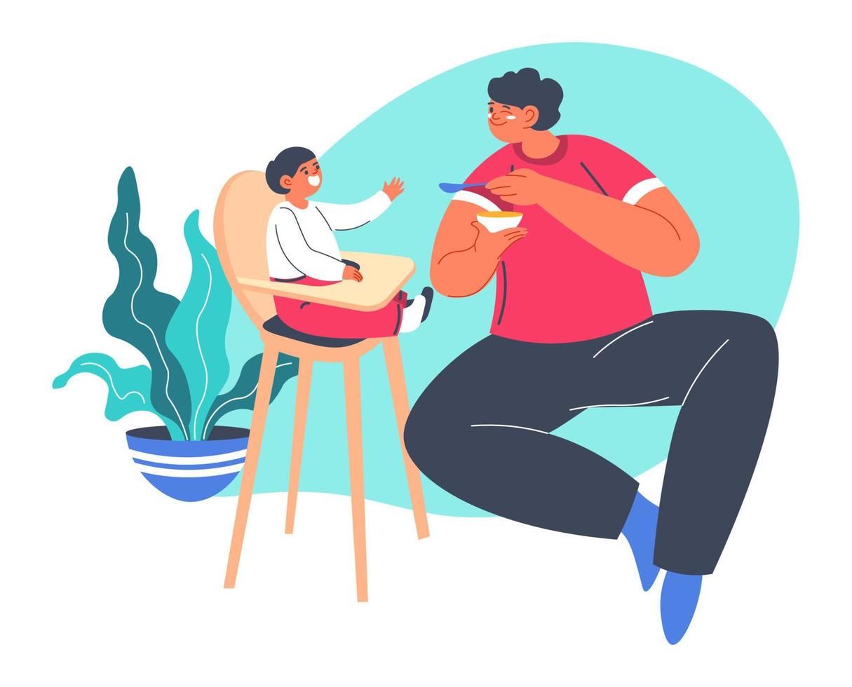papá alimentando a un niño pequeño sentado en una silla, paternidad vector