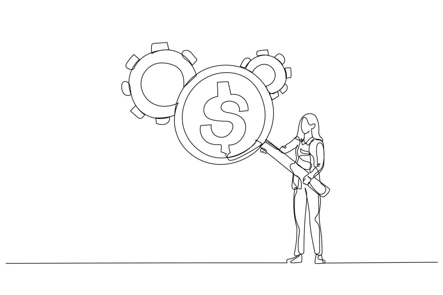 Drawing of businesswoman with magnifier showing dollar money reflection looking at gear cogwheel concept of cost efficient. One continuous line art style vector