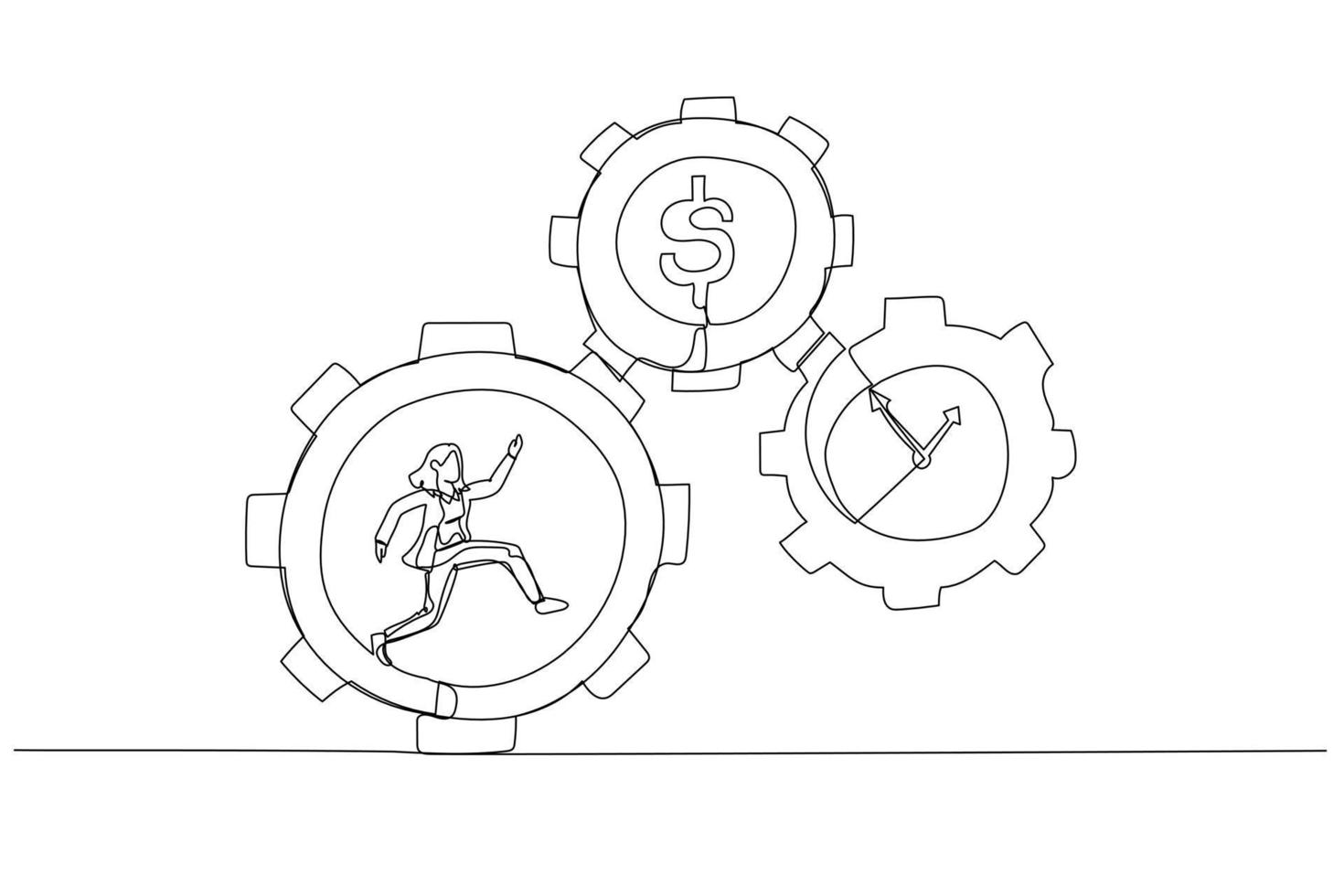 Cartoon of businesswoman running inside gear cogs make time and money gears spin. Continuous line art style vector