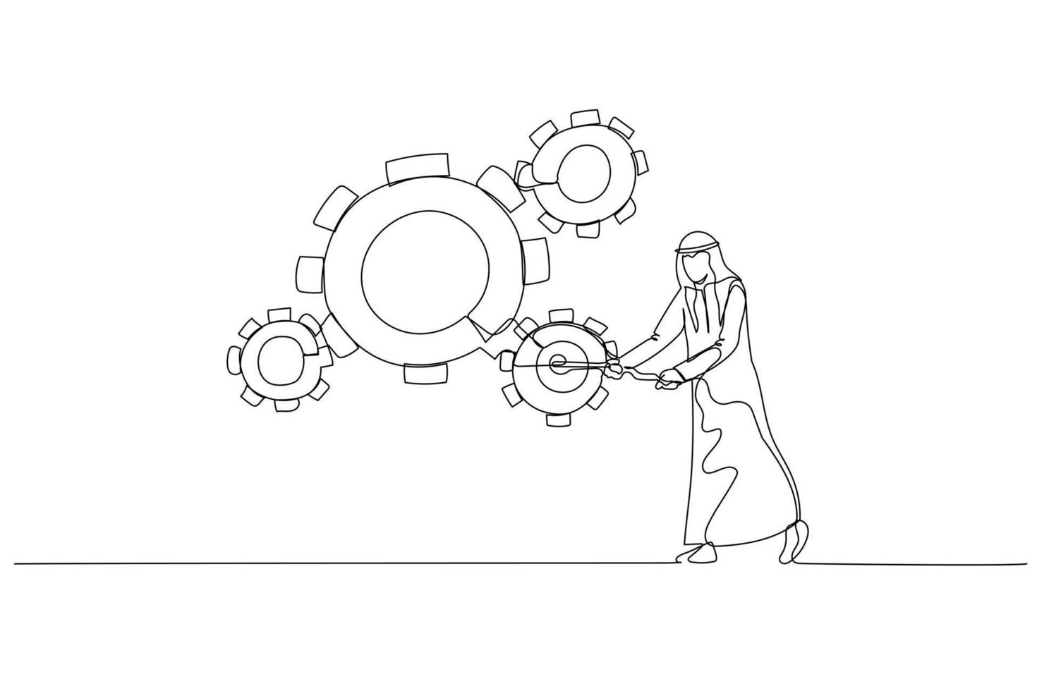 Illustration of arab man manager use managerial skill to rotate group of business cogwheels. Continuous line art vector