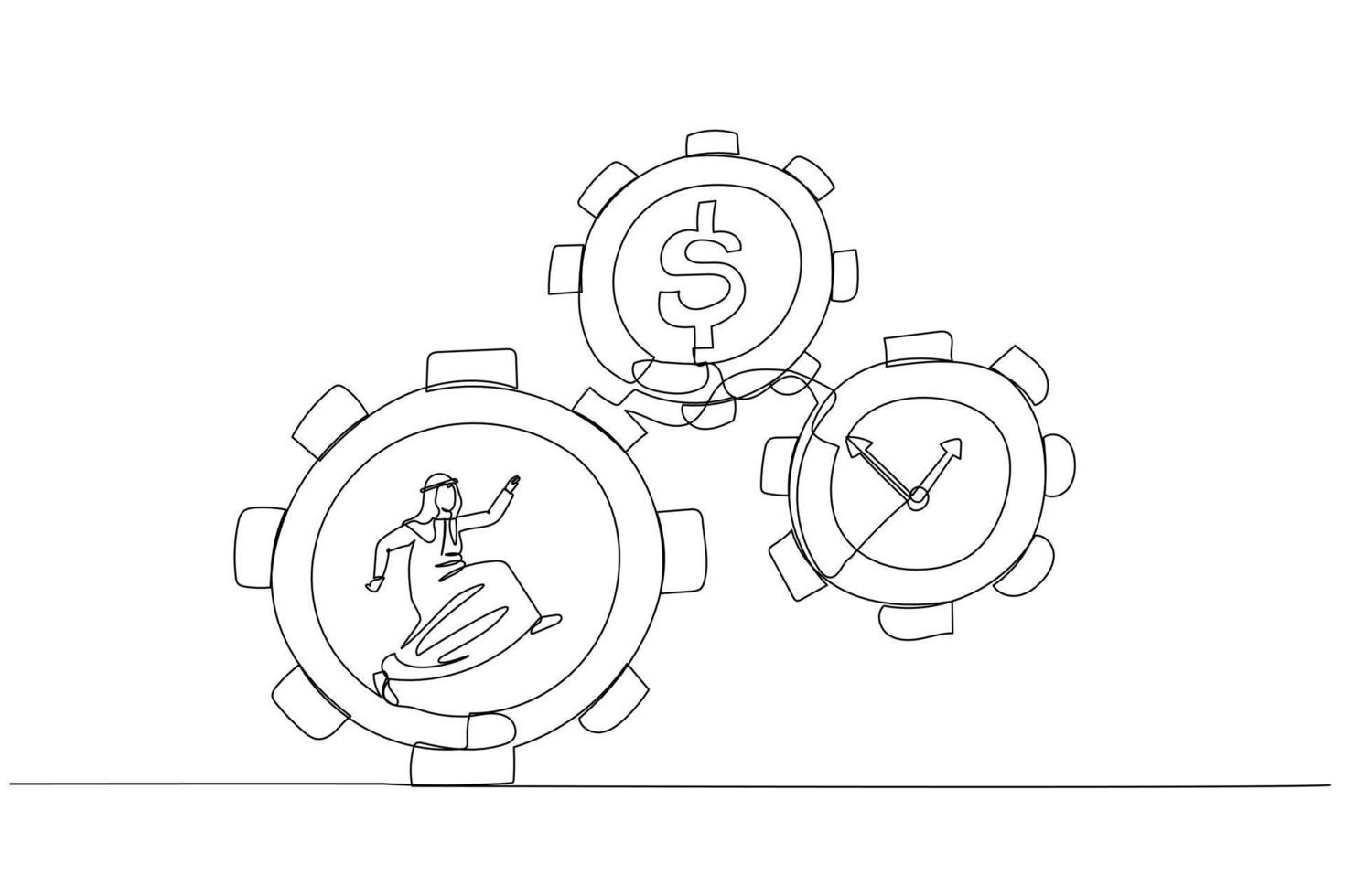 Drawing of arab man running inside gear cogs make time and money gears spin. One line style art vector