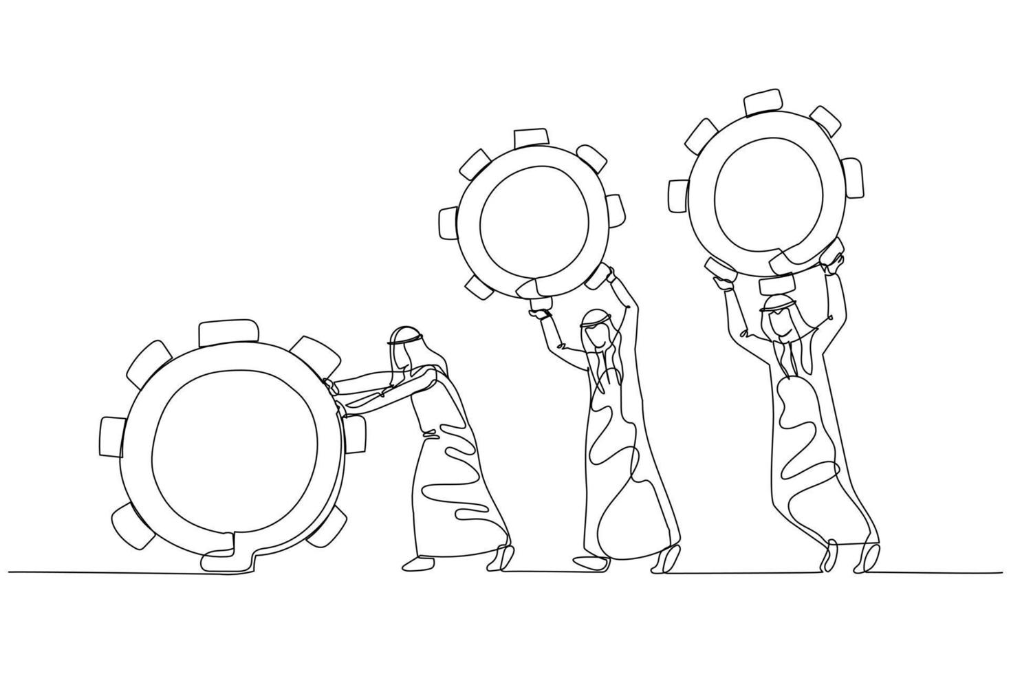 Cartoon of arab man and colleague people holding cogwheels gear teamwork make dreamwork organization. Single continuous line art vector