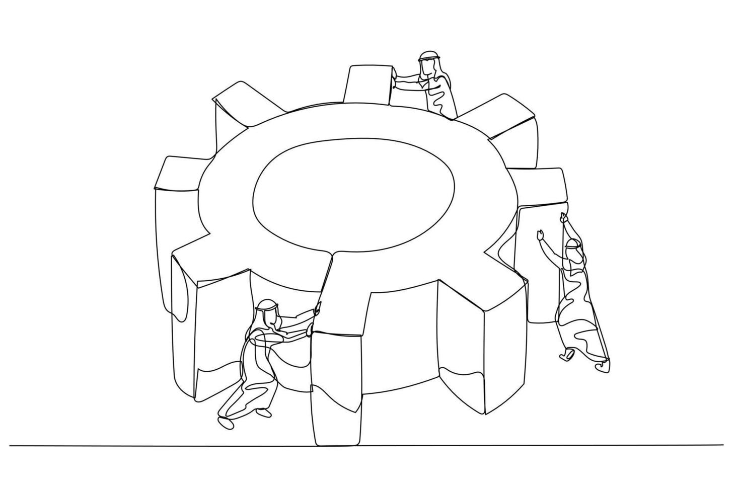 ilustración de un hombre árabe que hace girar el engranaje de la rueda dentada junto con el concepto de equipo de equipo de trabajo duro. estilo de arte de línea continua única vector