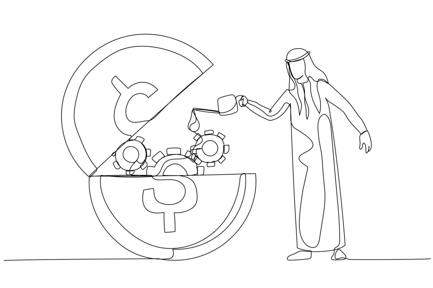 Drawing of arab man put lubricant oil on opening gold coin concept of financial liquidity. One line art style vector