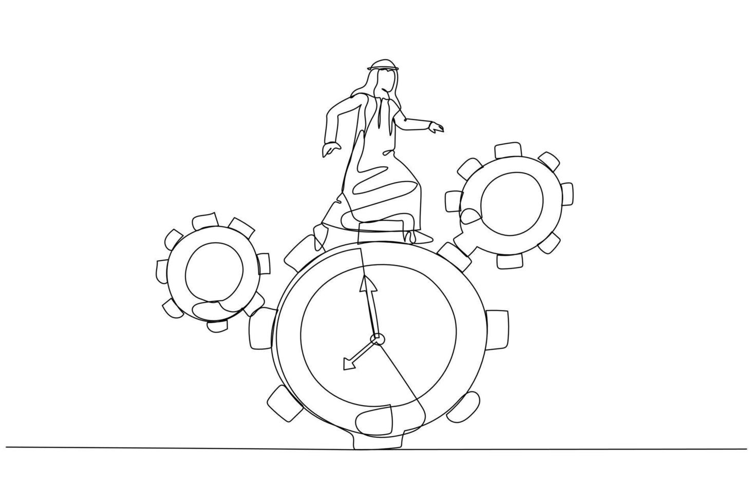 Illustration of arab man run along gear in form of clock concept of time management. Continuous line art style vector