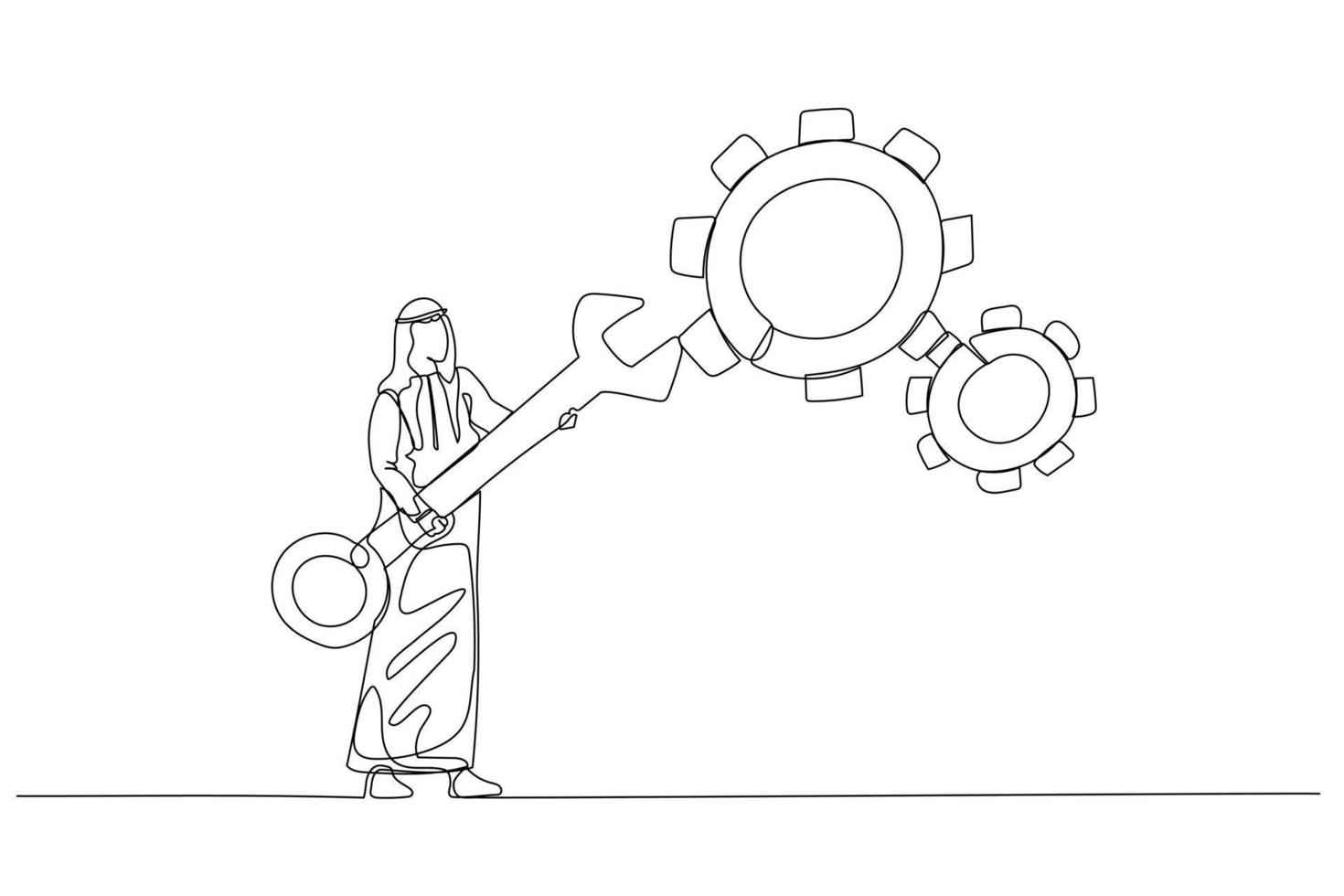 ilustración de un hombre árabe sosteniendo una llave para ajustar el concepto de ajuste de las ruedas dentadas del engranaje. estilo de arte de línea continua única vector