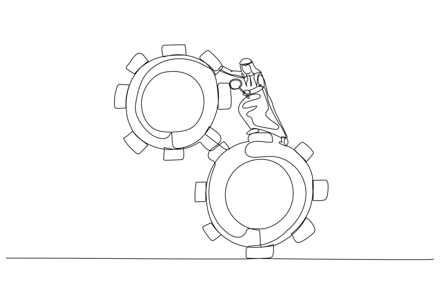 Cartoon of arab man leader use magnifying glass analyze cog wheels problem concept problem fix. Single line art style vector