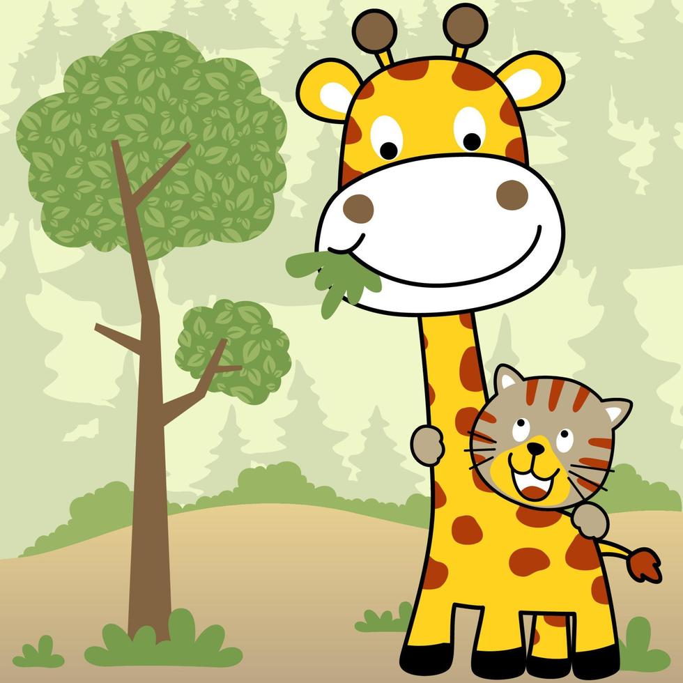 Cute giraffe and tiger in forest, vector cartoon illustration