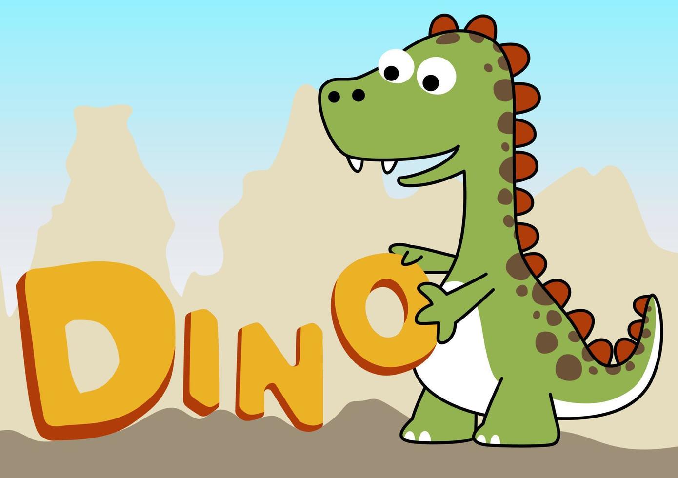 A dinosaurs with letters on mountains background, vector cartoon illustration