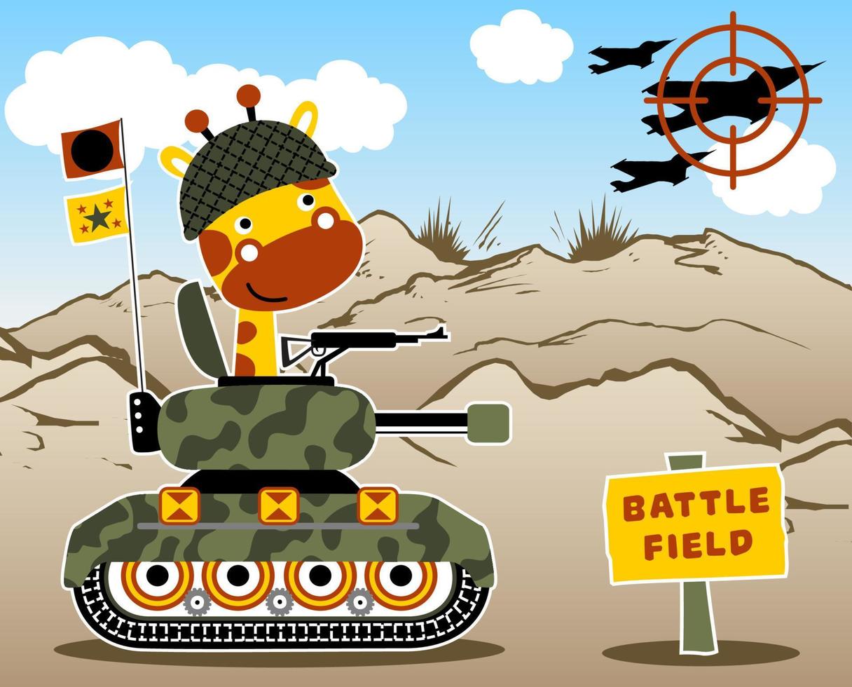 Giraffe on armored vehicle in battlefield, vector cartoon illustration