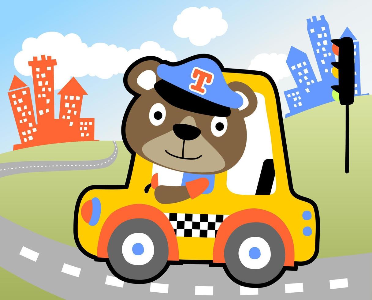 Nice bear cartoon driving taxi on buildings background, vector cartoon illustration