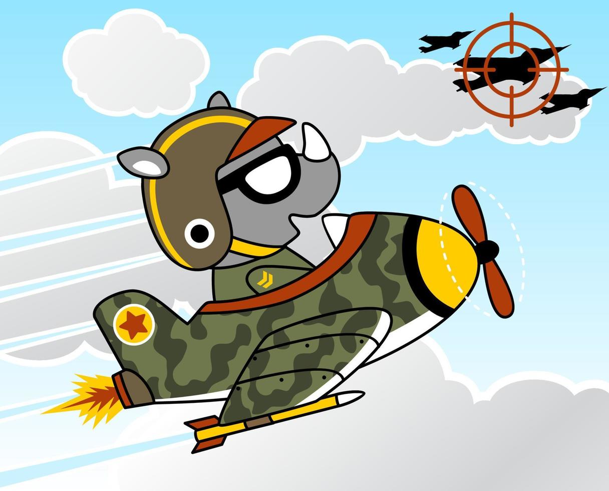 Funny rhino wearing pilot helmet on fighter jet on blue sky background, air combat, vector cartoon illustration