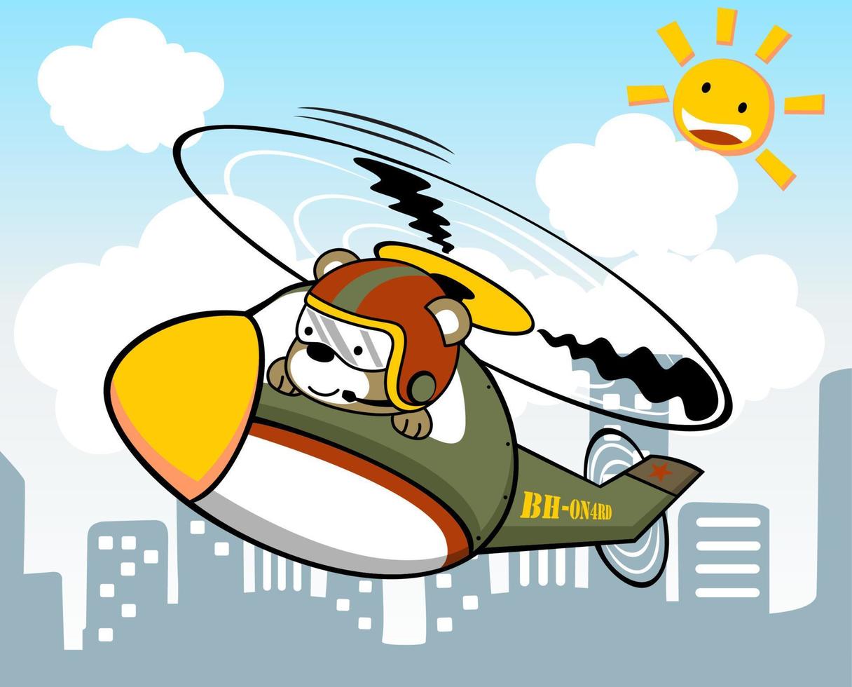 Cute bear wearing pilot helmet on helicopter, flying on buildings background, vector cartoon illustration