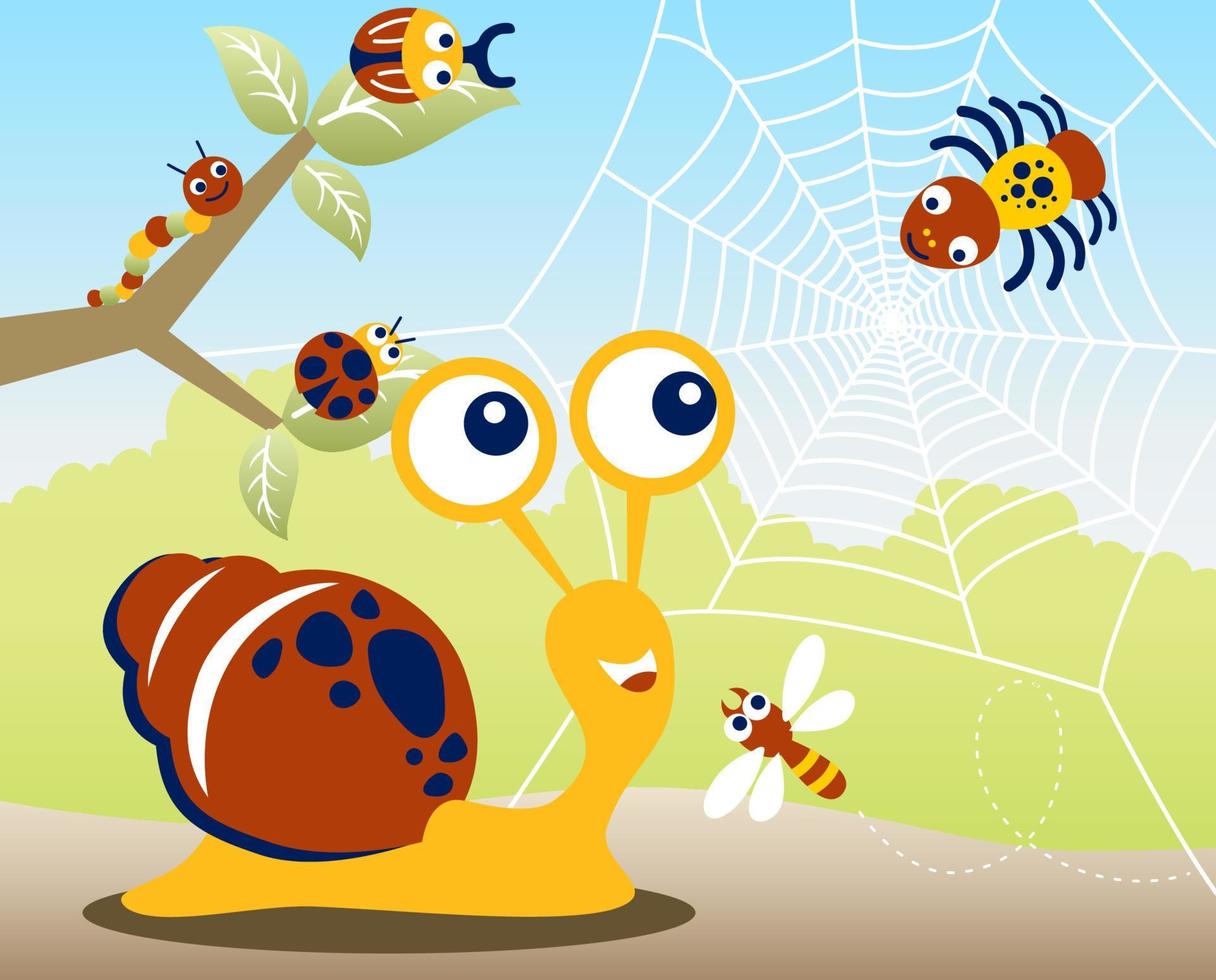 Cute snail with funny bugs, vector cartoon illustration