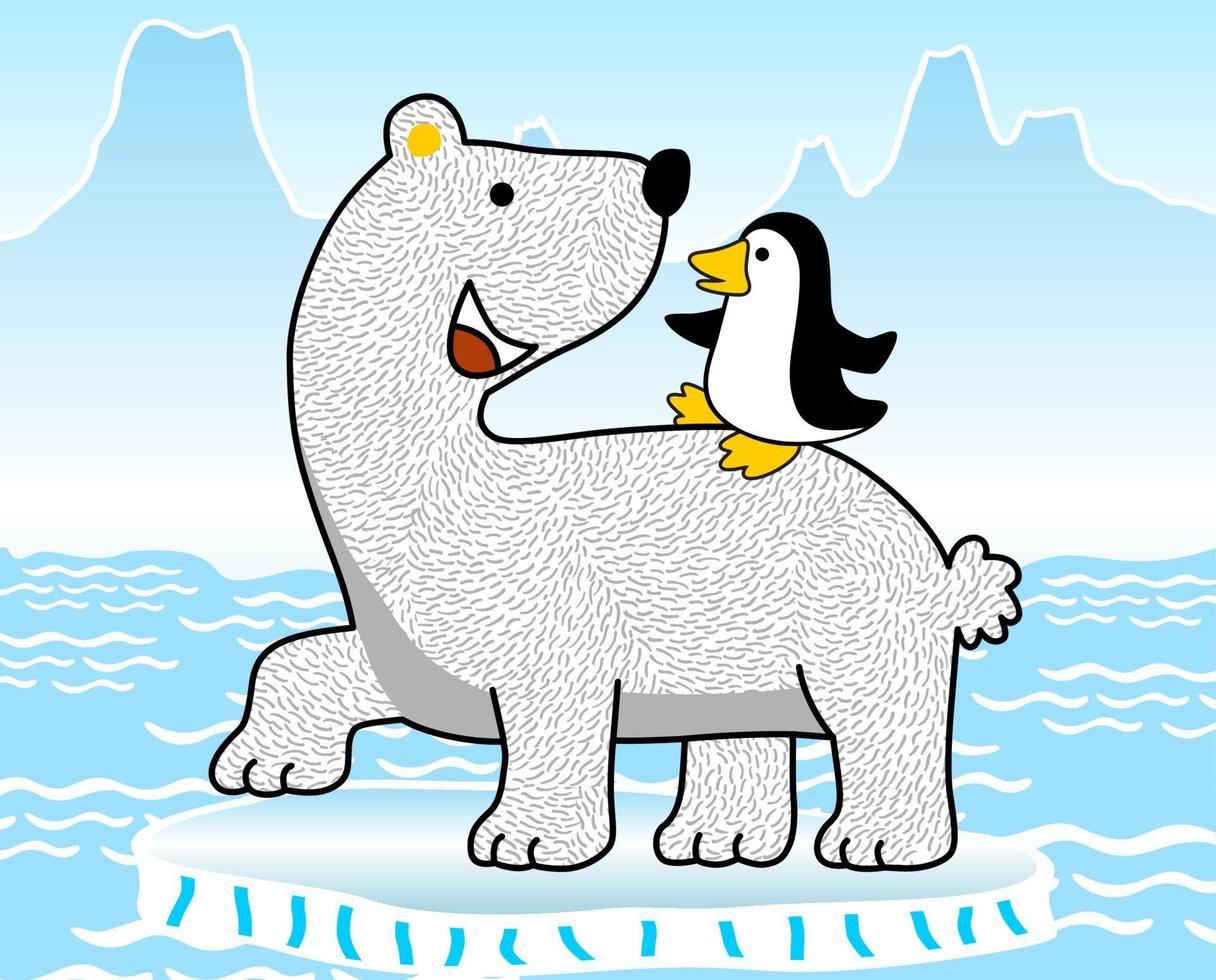 divertido oso polar con pequeño pingüino en trozo de hielo, ilustración de dibujos animados vectoriales vector