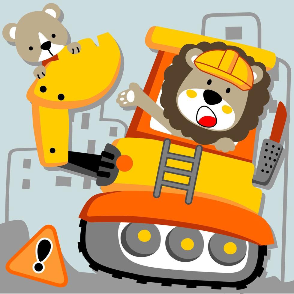 Lion with it cub on construction vehicle, vector cartoon illustration