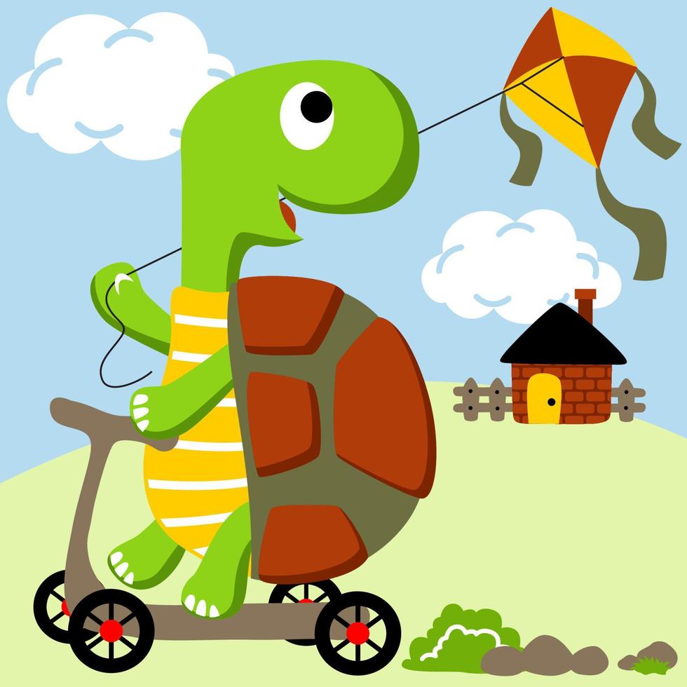 Cute turtle riding scooter while playing kite, vector cartoon illustration