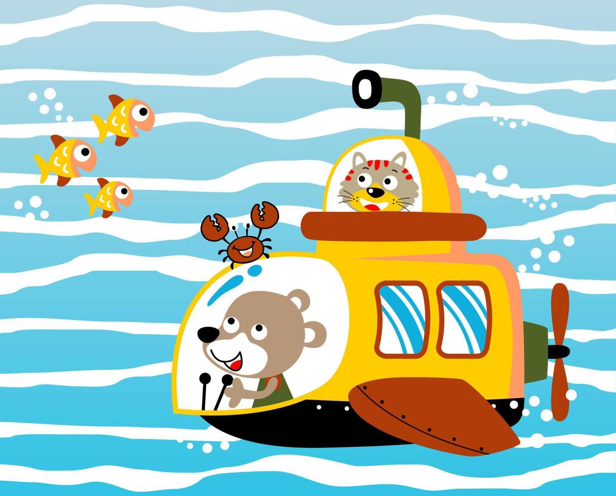 Funny cat and bear on submarine exploring undersea with marine animals, vector cartoon illustration