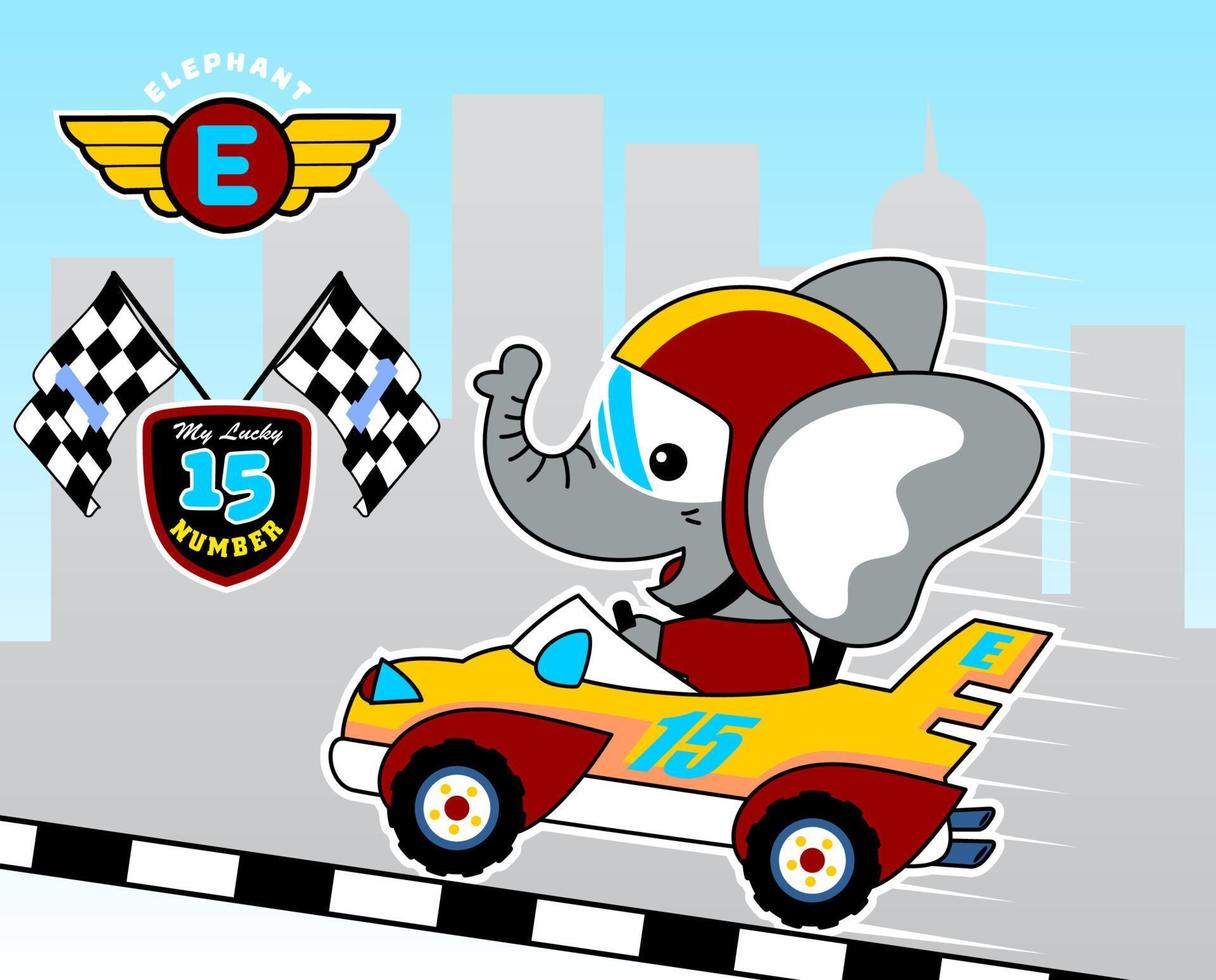 elefante divertido conduciendo coche de carreras en el fondo de los edificios, ilustración de dibujos animados vectoriales vector