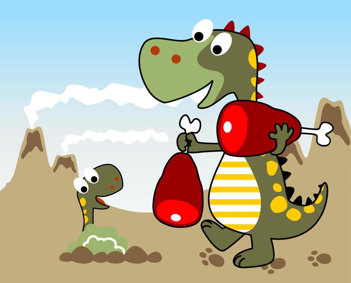 A dinosaur carrying meats for feeding it baby, vector cartoon illustration