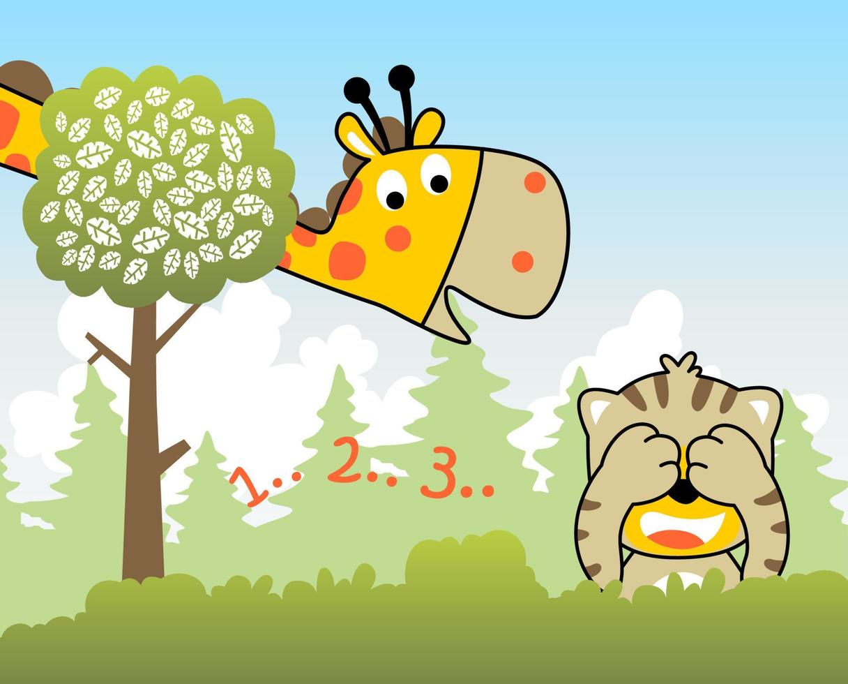Vector cartoon illustration, tiger and giraffe playing hide and seek in the jungle