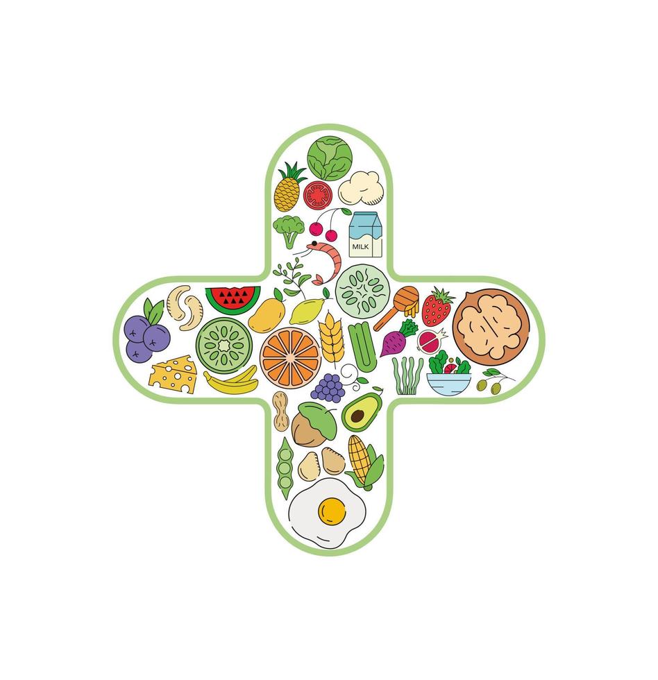 icono de collage de comida y bebida de signo más de salud. conjunto vectorial de alérgenos esenciales e iconos de línea de dieta. conjunto de iconos de alimentos editables. vector