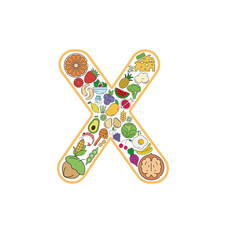 conjunto de iconos de collage de comida y bebida de la letra x. conjunto vectorial de alérgenos esenciales e iconos de línea de dieta. conjunto de iconos de alimentos editables. vector