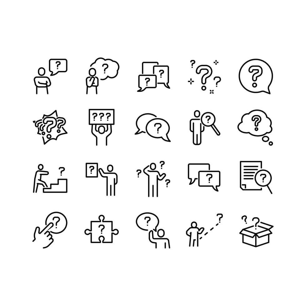 Set of Question Related Vector Line Icons. Contains such Icons as Puzzle, Confused Man, Question Mark, Asking, problem solving and more.