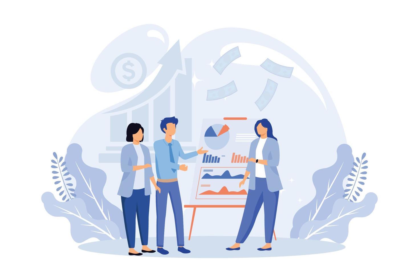 Business people illustration. Diverse characters and persons with disability working together at office. People talking with colleagues and planning financial strategy. Flat vector modern illustration