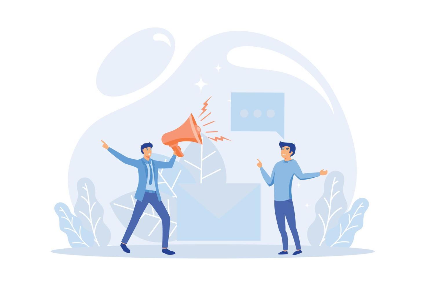 Social media promotion scenes. Characters using big loudspeaker to communicate with audience, sending advertising emails, offering sale and discount. Flat vector modern illustration