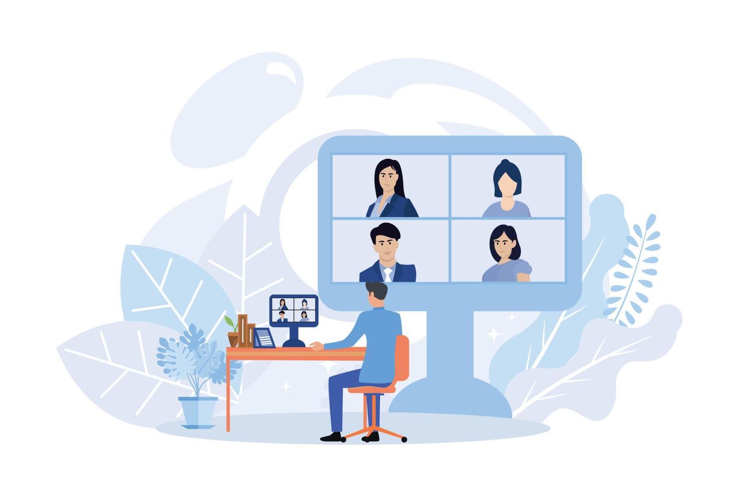 Meeting planning illustration. Manager inviting employees to team meeting and one on one interview, developing agenda and organizing productive conversation. Flat vector modern illustration