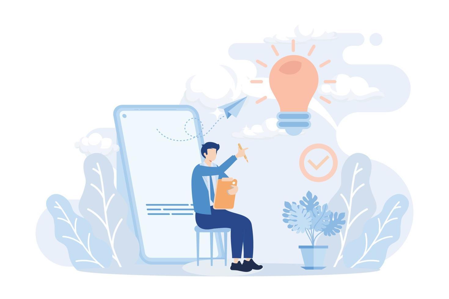 Digital business illustration. Characters generating ideas, targeting audience and analyzing marketing data. Business activities concept. Flat vector modern illustration.