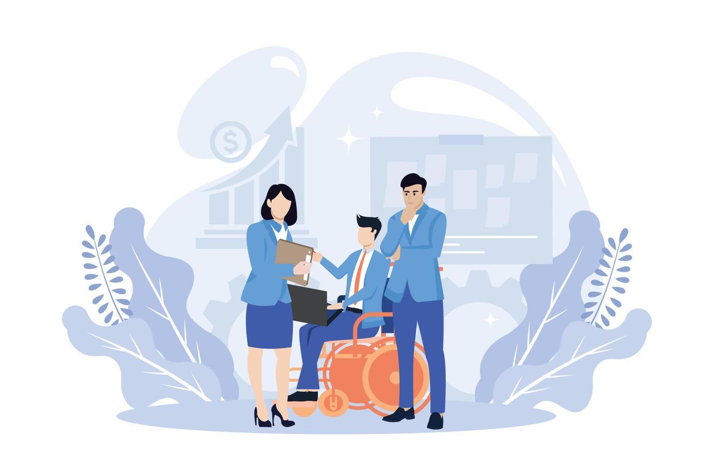 Business people illustration. Diverse characters and persons with disability working together at office. People talking with colleagues and planning financial strategy. Flat vector modern illustration