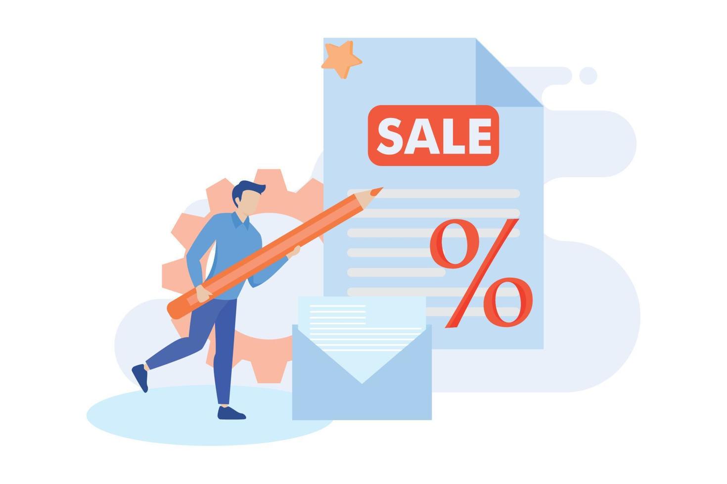 E-mail marketing and promotion scenes. Characters sending advertising mails and promotional offers with sales and discounts. Ecommerce business concept. Flat vector modern illustration