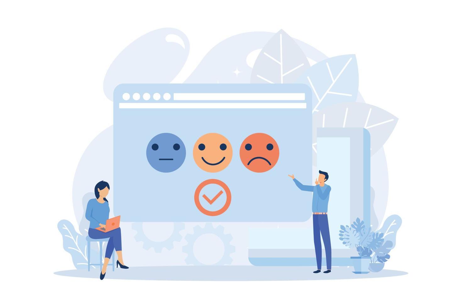 Feedback and review illustration. Characters giving positive feedback to helpdesk service. Rating scale and customer satisfaction concept. Flat vector illustration