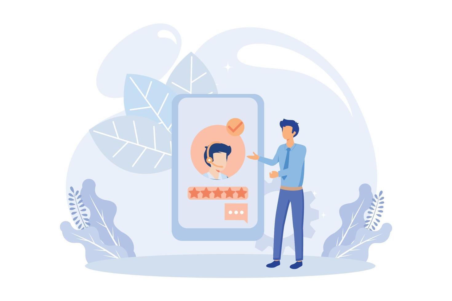 Customer feedback and user experience illustration. Characters giving review to customer service operator and choosing emoji to show satisfaction rating. Rating scale concept. Flat vector illustration