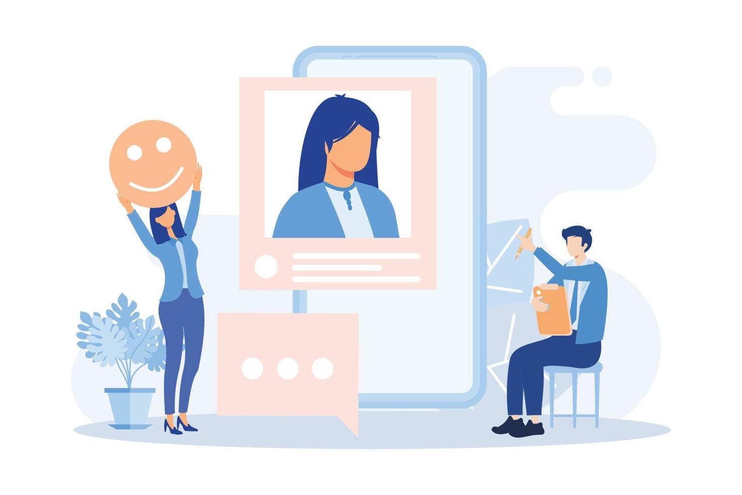 Social media illustration. Characters integrating with social media platform. Followers leaving reaction on posts, giving feedback, likes and writing comments. Flat vector modern illustration