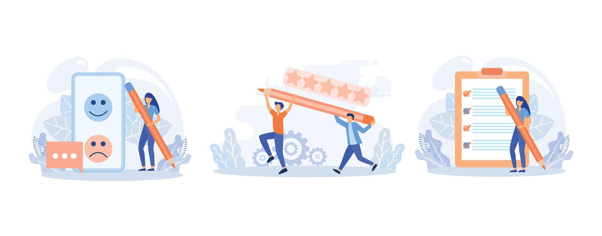 Feedback and survey illustration set. People characters giving positive five star feedback, choosing emoji to show satisfaction rating and filing survey form. Flat vector modern illustration