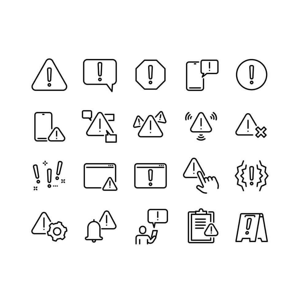 Set of Warnings Related Vector Line Icons. Contains such Icons as Alert, Exclamation Mark, Warning Sign, Danger, Nogitifcation and more.