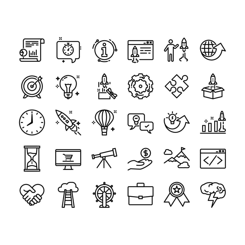 Business start up web icon set. Contain icons such as rocket, briefcase, brainstorming, success, ladder, idea, and web development etc. Suitable for web and app icon. vector