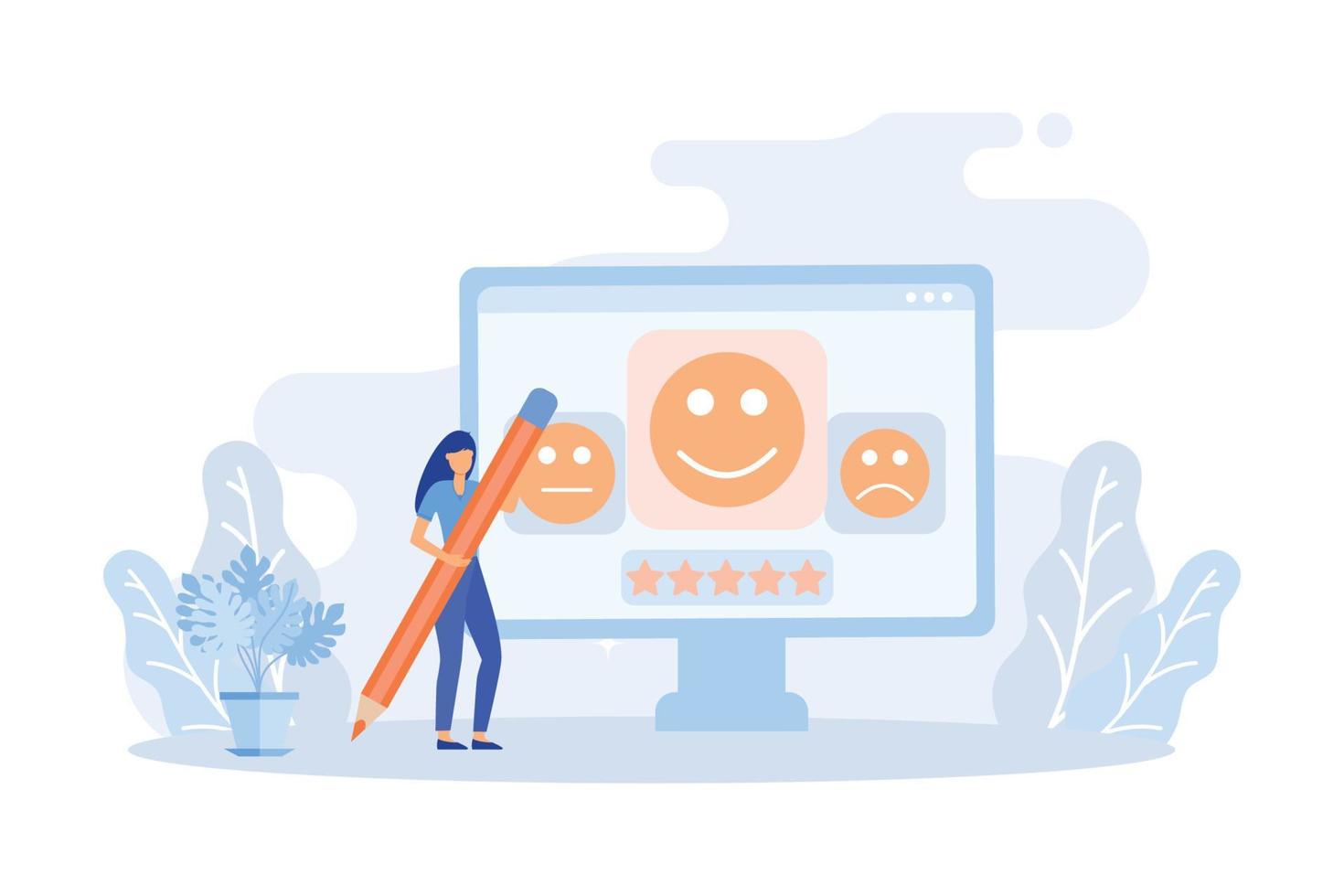 Customer feedback and user experience illustration. Characters giving review to customer service operator, choosing emoji to show satisfaction rating and filling survey form. flat vector illustration