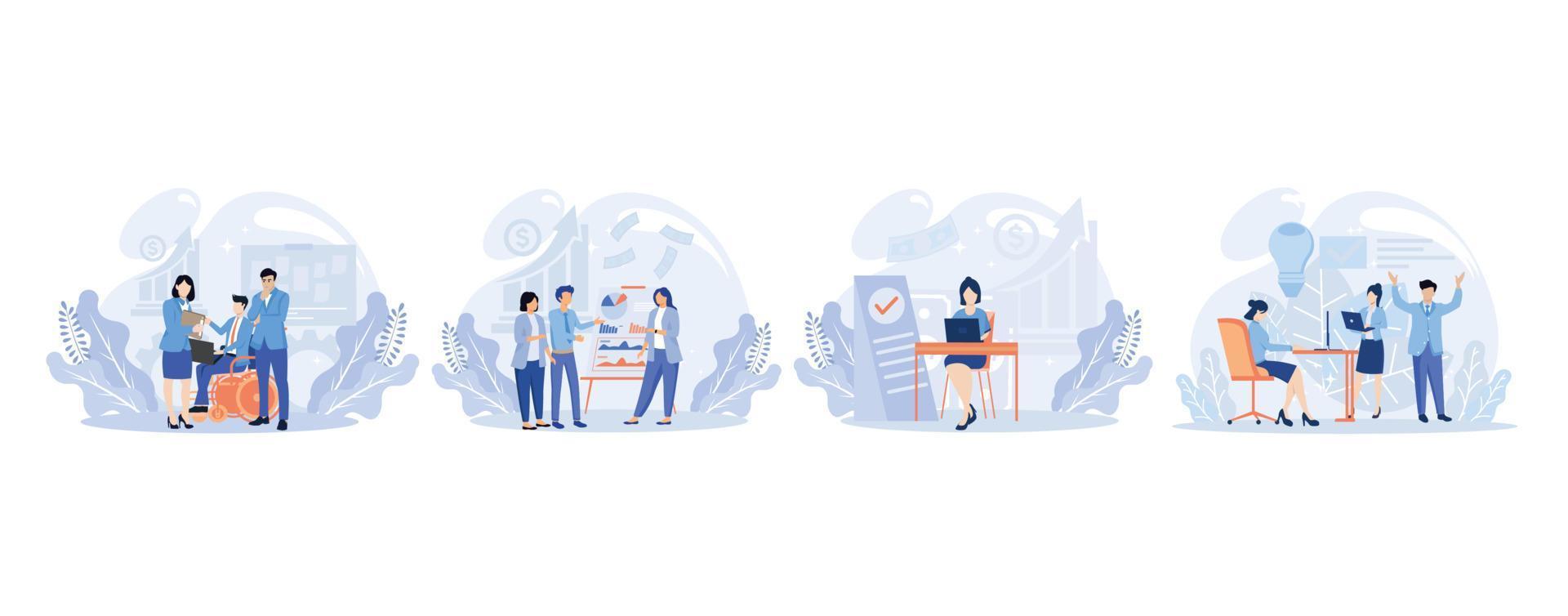 Business people illustration. Diverse characters and persons with disability working together at office. People talking with colleagues and planning financial strategy. Flat vector modern illustration