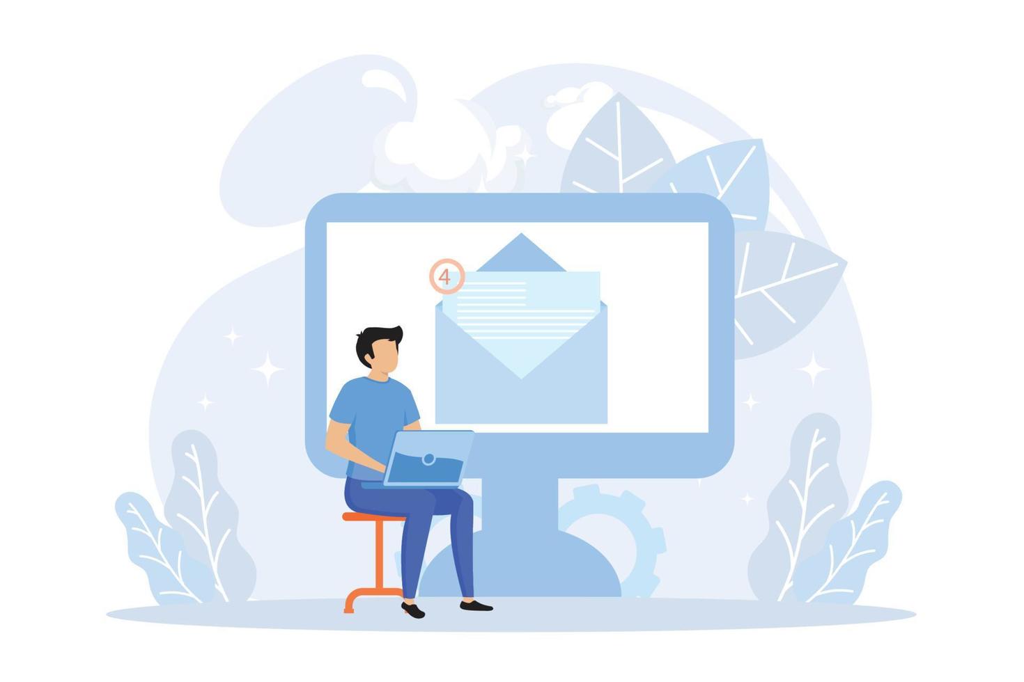 Social media promotion scenes. Characters using big loudspeaker to communicate with audience, sending advertising emails, offering sale and discount. Flat vector modern illustration