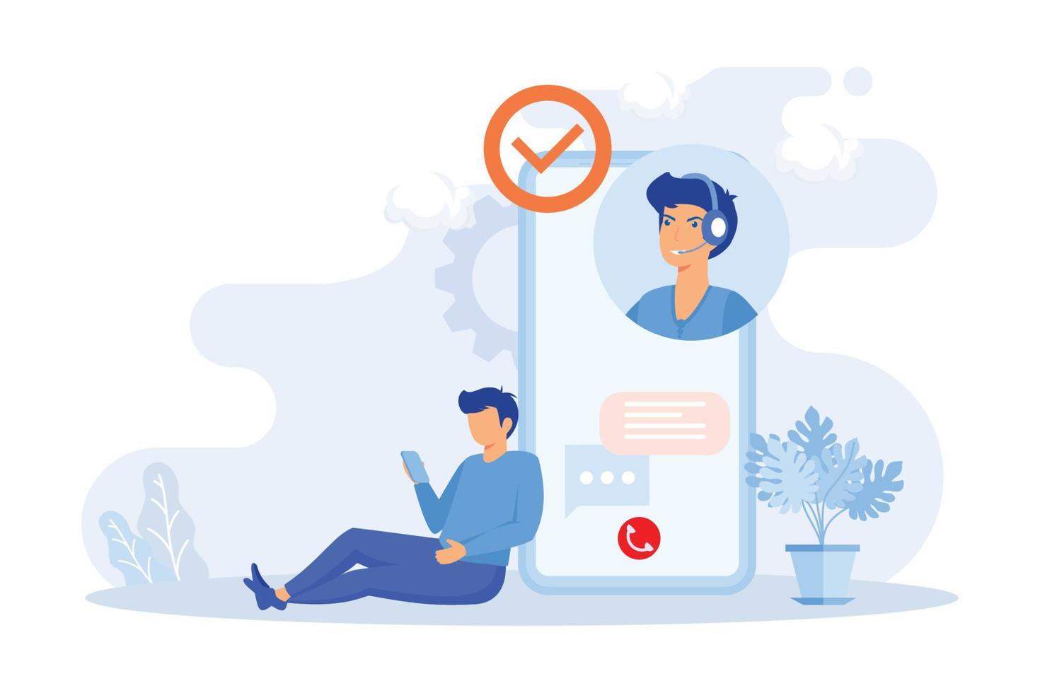 Customer support illustration. Characters using online helpdesk platform. People asking a questions and receiving answers from helpdesk or call center operator. Flat vector modern illustration